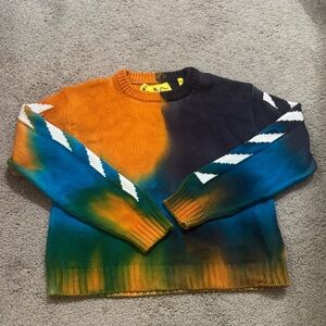 Off-White Multicolor Tie-Dye Crewneck Sweater with Chevron Sleeves